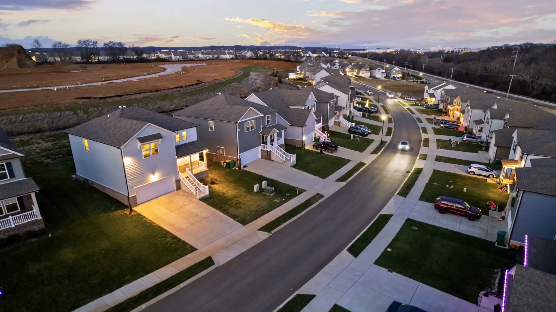 Aerial view at dusk of Millbrook Drive in Barton Hills, Spring Hill, Tennessee